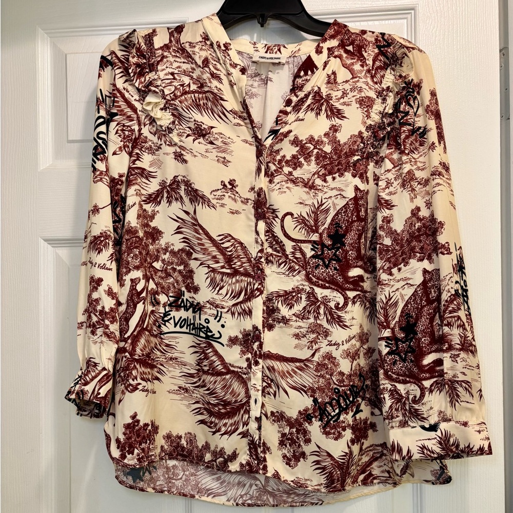 NWOT Zadig & Voltaire Tygg Jouy Cream and Burgundy Blouse